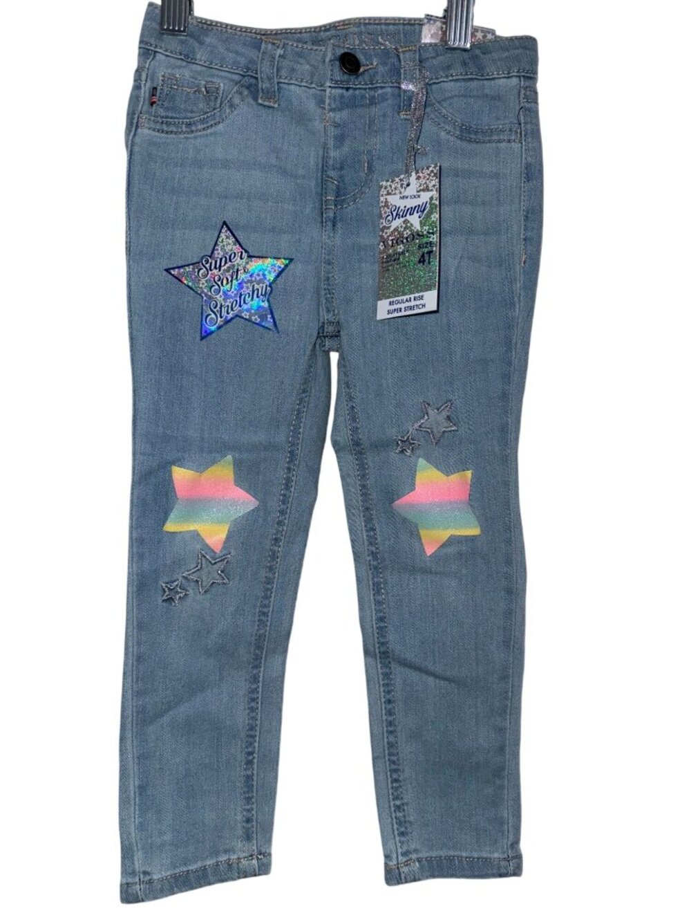 Vigoss Girls Skinny Jeans 4T Super Soft Stretch Denim With Star Patches & Rainbo